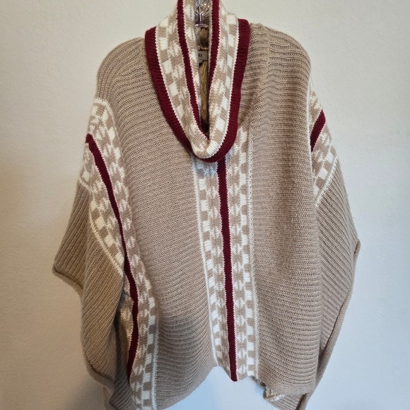 YAIRA Striped Cowl Neck Knit Poncho Sweater Top Cover Up Beige Burgundy - Picture 1 of 5